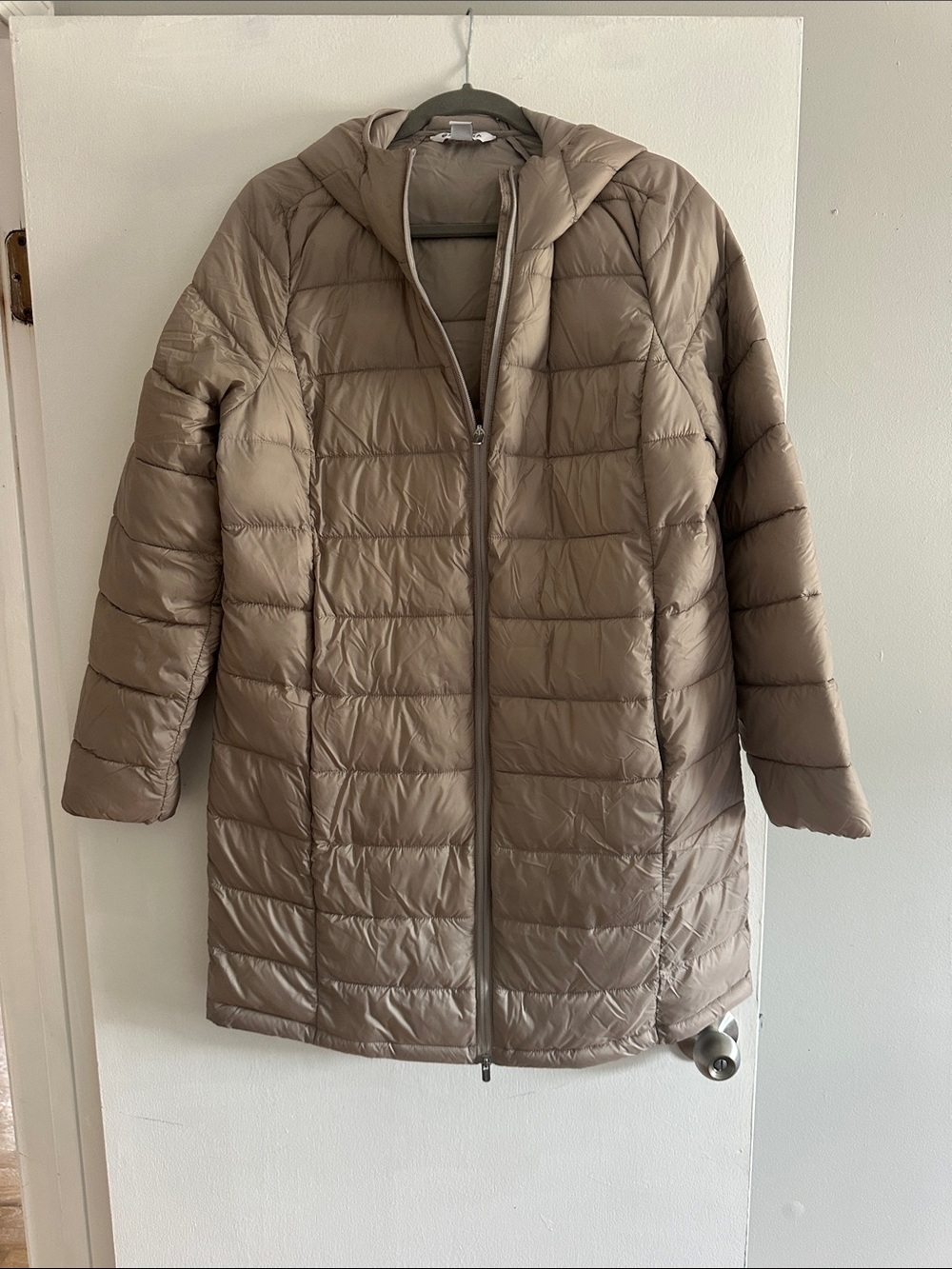 Athleta Hooded Long Puffer Coat in Taupe Brown